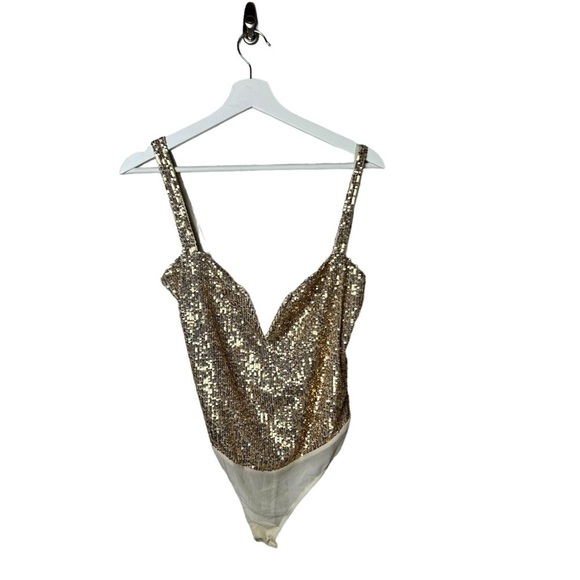 Free People Lingerie Intimately cheeky Bodysuit Sparks Fly Gold Sequin SZ XS/S - Picture 2 of 7